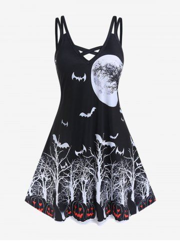 Halloween Pumpkin Tree Bat Print A Line Dress - BLACK - 2X | US 18-20