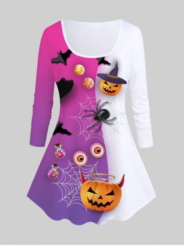 Halloween Colorblock Pumpkin Spider Web Print T-shirt - PURPLE - L | US 12