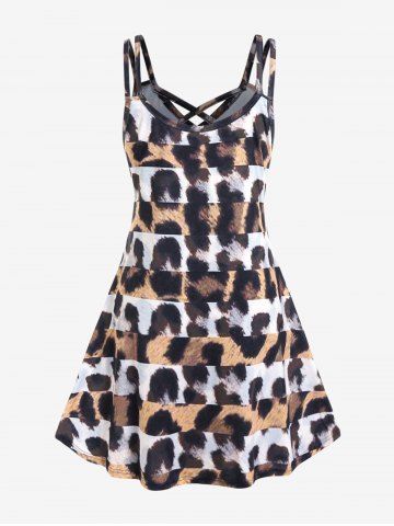 Plus Size Animal Leopard Print Crisscross A Line Sleeveless Dress