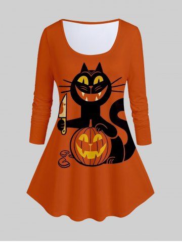 Pumpkin Cat Print Halloween T-shirt - DARK ORANGE - 1X | US 14-16