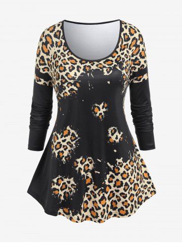 Plus Size Animal Leopard Printed Long Sleeves Tee
