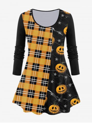 Halloween Long Sleeve Plaid Pumpkin Print T-shirt - ORANGE - 5X | US 30-32