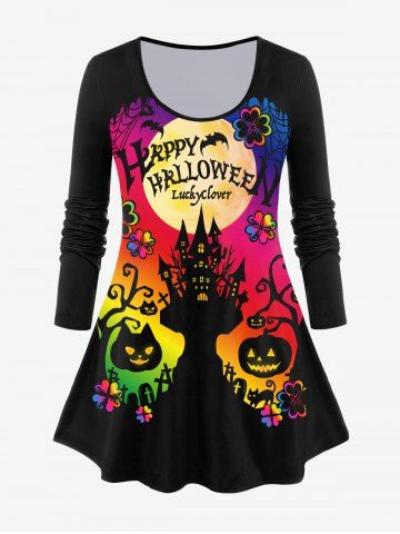 T-shirt D'Halloween à Imprimé Chauve-souris Citrouille Lettre Graphique à Manches Longues - BLACK - 4X | US 26-28