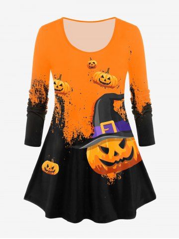 Halloween Pumpkin Print Colorblock Tee - ORANGE - 2X | US 18-20