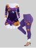 Ensemble T-shirt Moulant et Leggings à Taille Haute à Imprimé Fantôme et Citrouille D'Halloween - Pourpre  