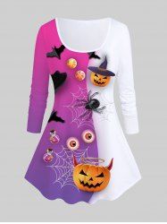 Halloween Colorblock Pumpkin Spider Web Print T-shirt -  
