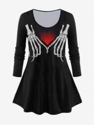 T-shirt Gothique à Imprimé Cœur Squelette à Manches Longues - Noir 1x | US 14-16