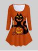 Pumpkin Cat Print Halloween T-shirt -  