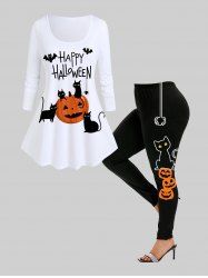 Ensemble de Legging et T-shirt D'Halloween à Imprimé Chat Citrouille et Chauve-souris - Blanc 