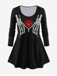Gothic Heart Skeleton Printed Long Sleeves Tee -  