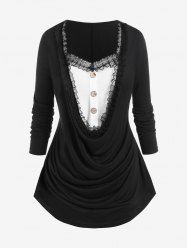 Plus Size Draped Cowl Front Colorblock 2 in 1 Tee -  