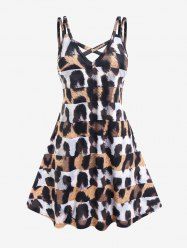 Plus Size Animal Leopard Print Crisscross A Line Sleeveless Dress -  