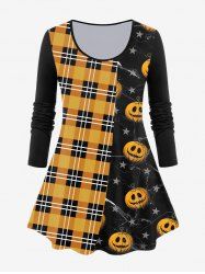 Halloween Long Sleeve Plaid Pumpkin Print T-shirt -  