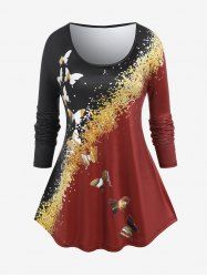 Plus Size Raglan Sleeve Colorblock Butterfly Print T-shirt -  