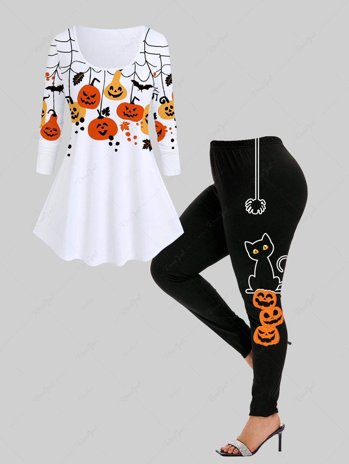 Trendy Halloween Pumpkin Bat Print T-shirt and Pumpkin Cat Spiders Print Leggings Plus Size Outfit  
