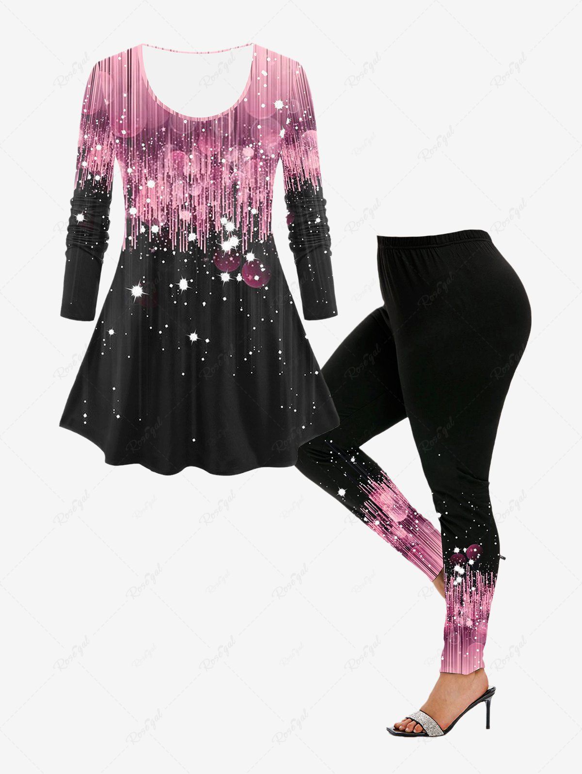 Unique 3D Sparkles Pinstripes Printed Tee and High Waist Skinny Leggings Plus Size Outfit  