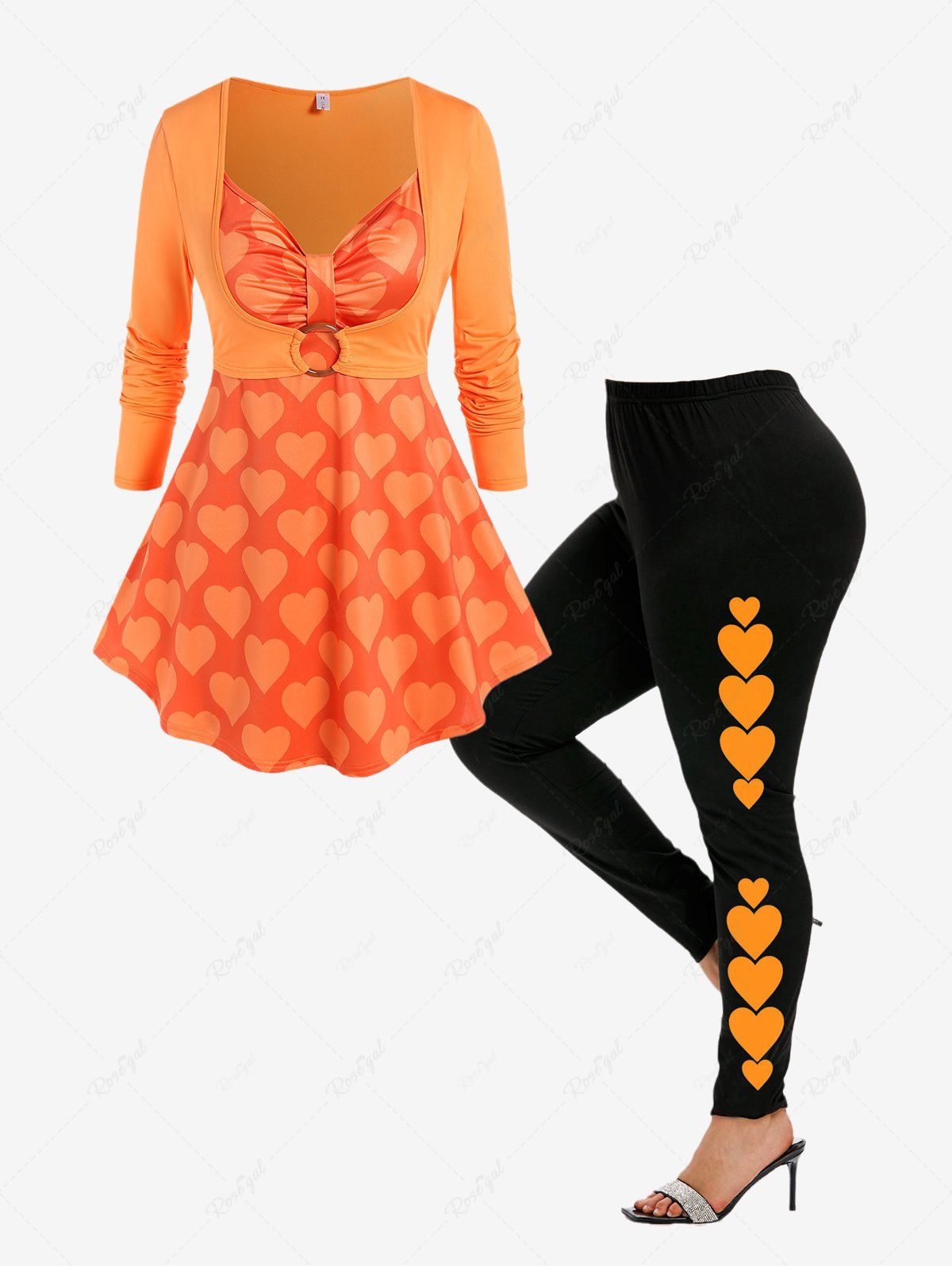 T-shirt D'Halloween Anneau en O à Imprimé Cœur Fausse Deux Pièces et Legging Orange 