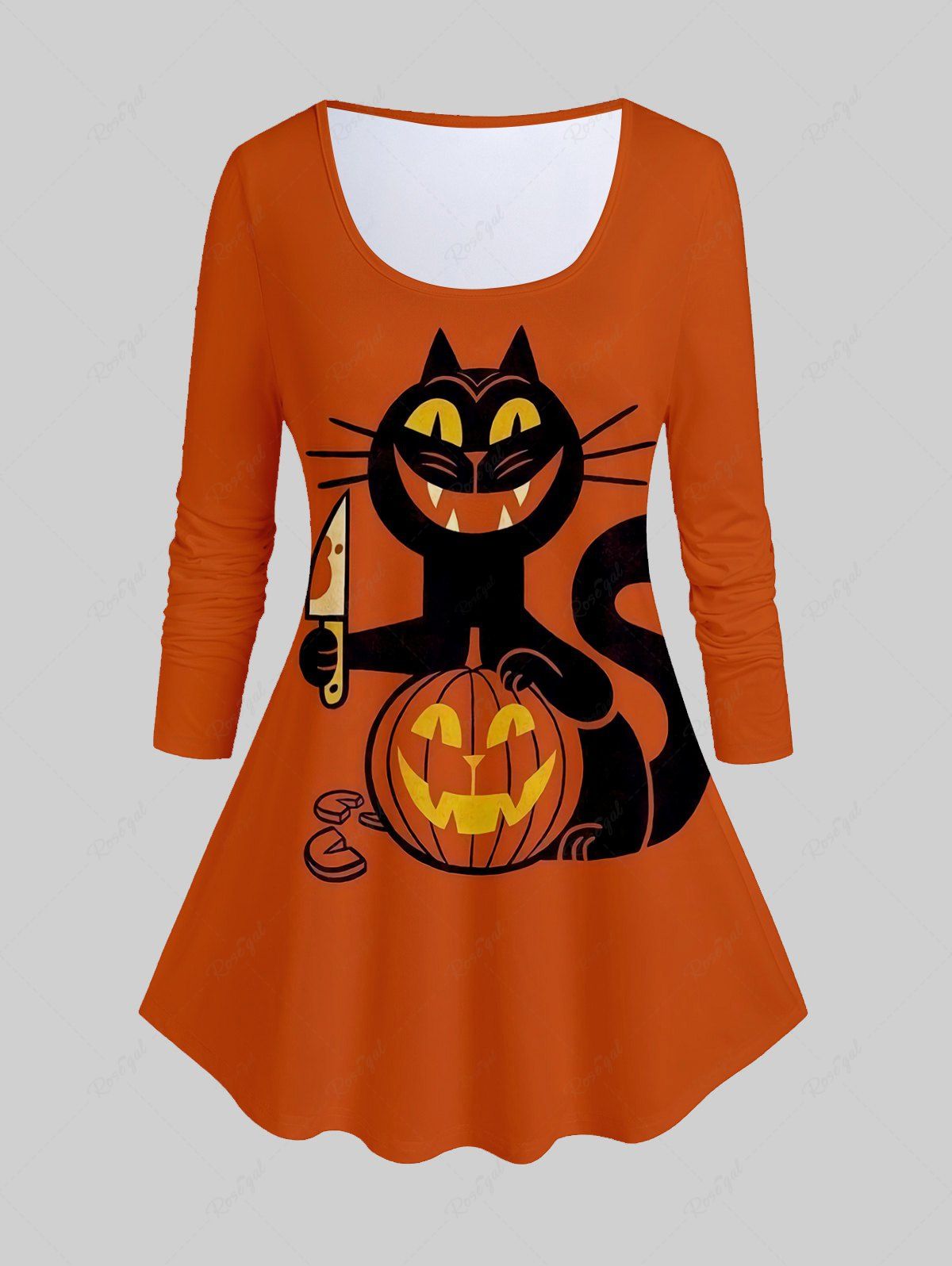 Sale Pumpkin Cat Print Halloween T-shirt  