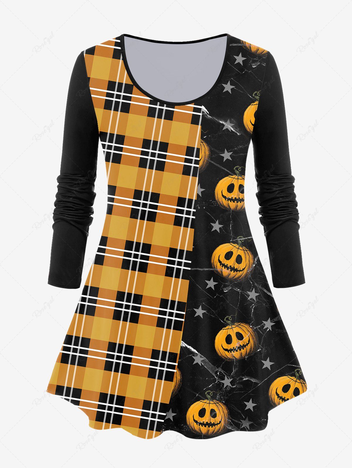 Affordable Halloween Long Sleeve Plaid Pumpkin Print T-shirt  