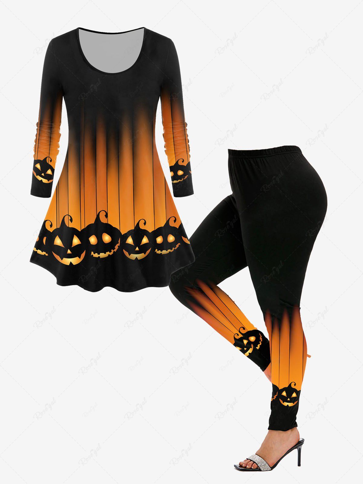 Affordable Halloween Pumpkin Print T-shirt and Halloween High Rise Pumpkin Print Leggings Plus Size Outfit  