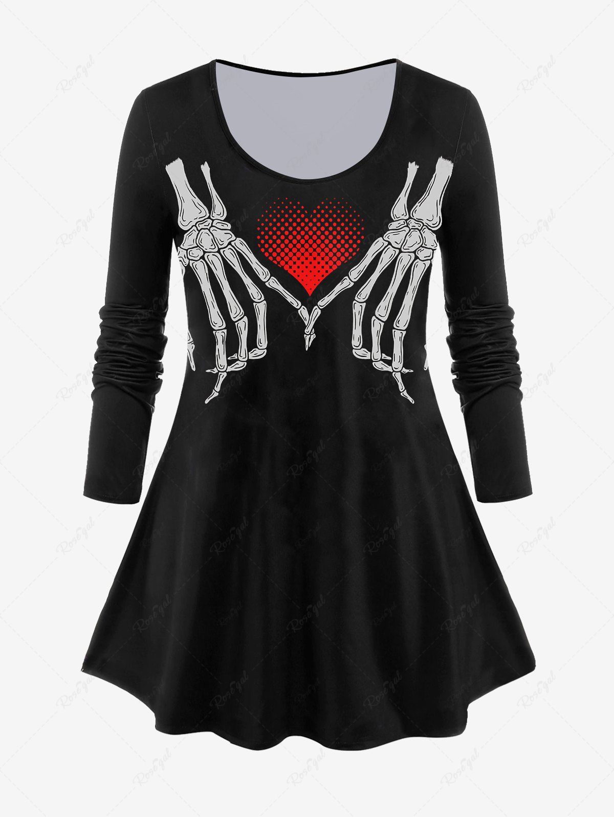 T-shirt Gothique à Imprimé Cœur Squelette à Manches Longues Noir 2X | US 18-20