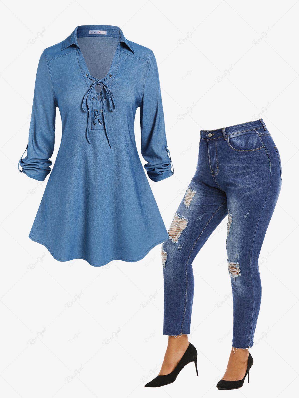 Latest Plus Size Lace Up Roll Tab Sleeves Chambray Tee and Ripped Frayed Jeans Outfit  