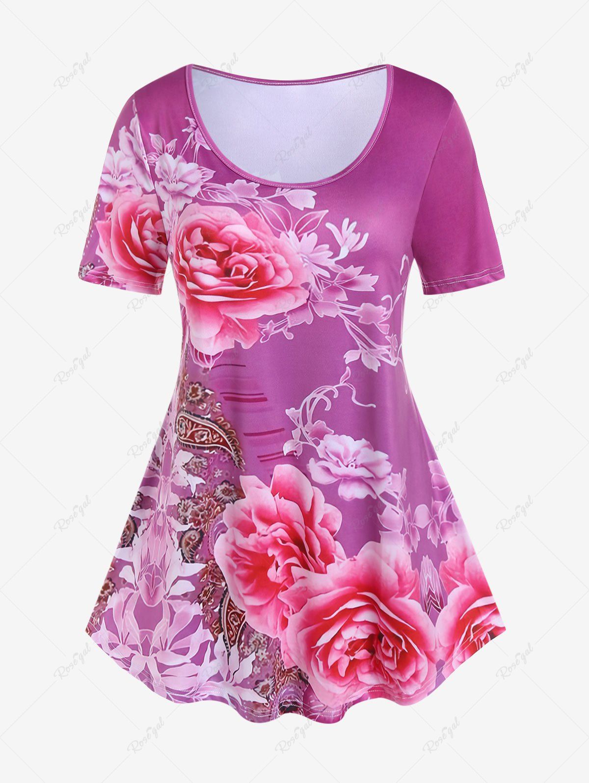 Store Plus Size Short Sleeve Floral Paisley Print T-shirt  