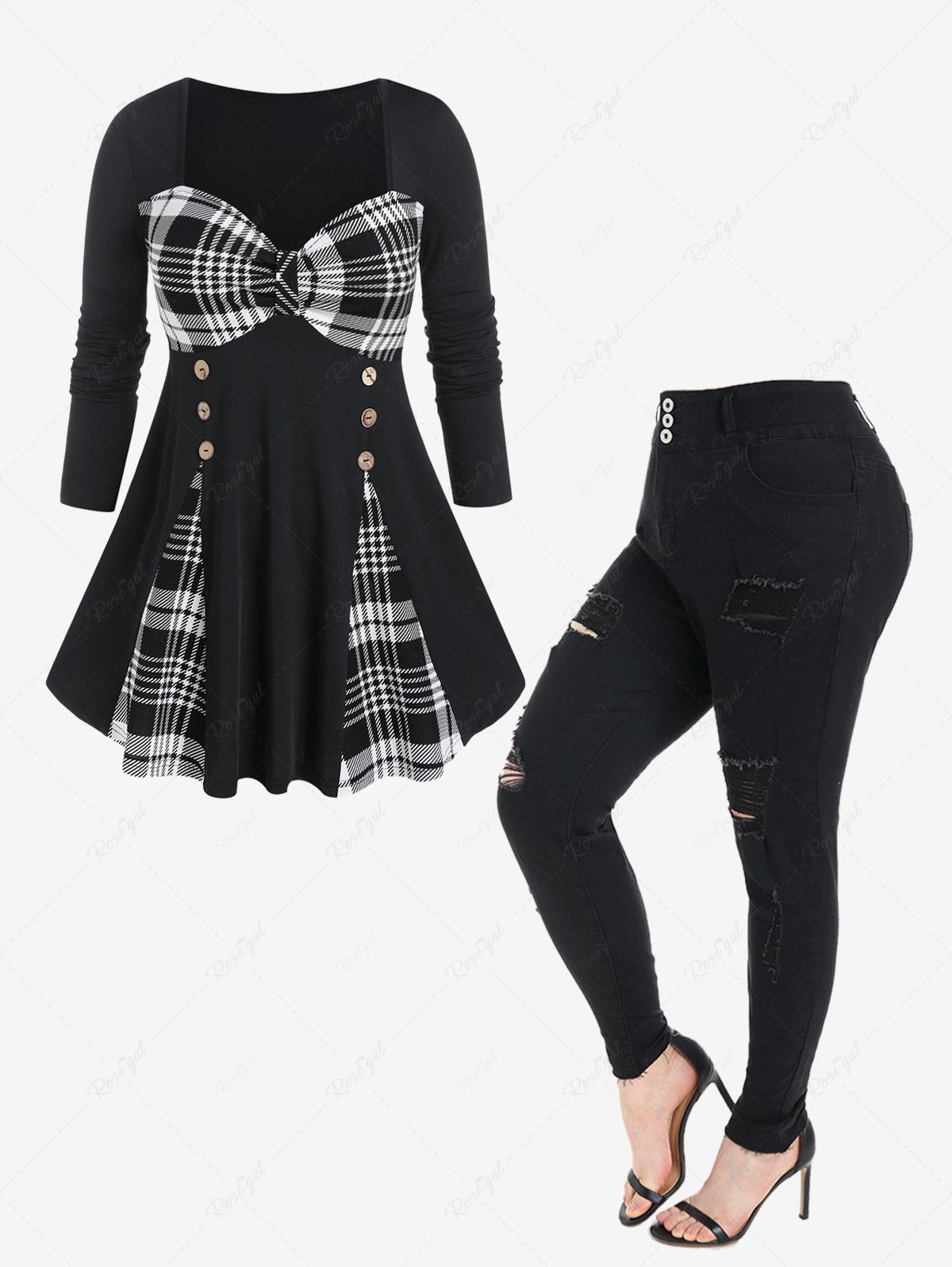 Online Plus Size Plaid Sweetheart Neck Godet Hem T-shirt and Ripped Jeans Outfit  