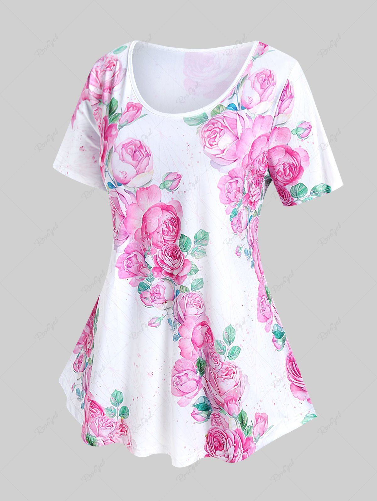 Chic Plus Size 3D Rose Leaves Print Short Sleeve T-Shirt  