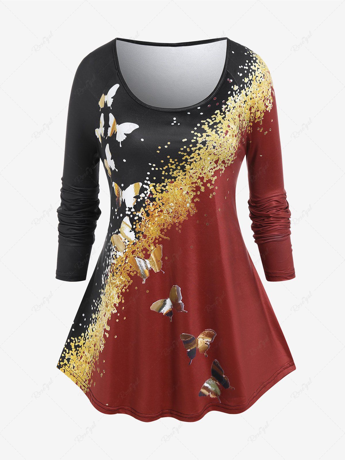 Trendy Plus Size Raglan Sleeve Colorblock Butterfly Print T-shirt  