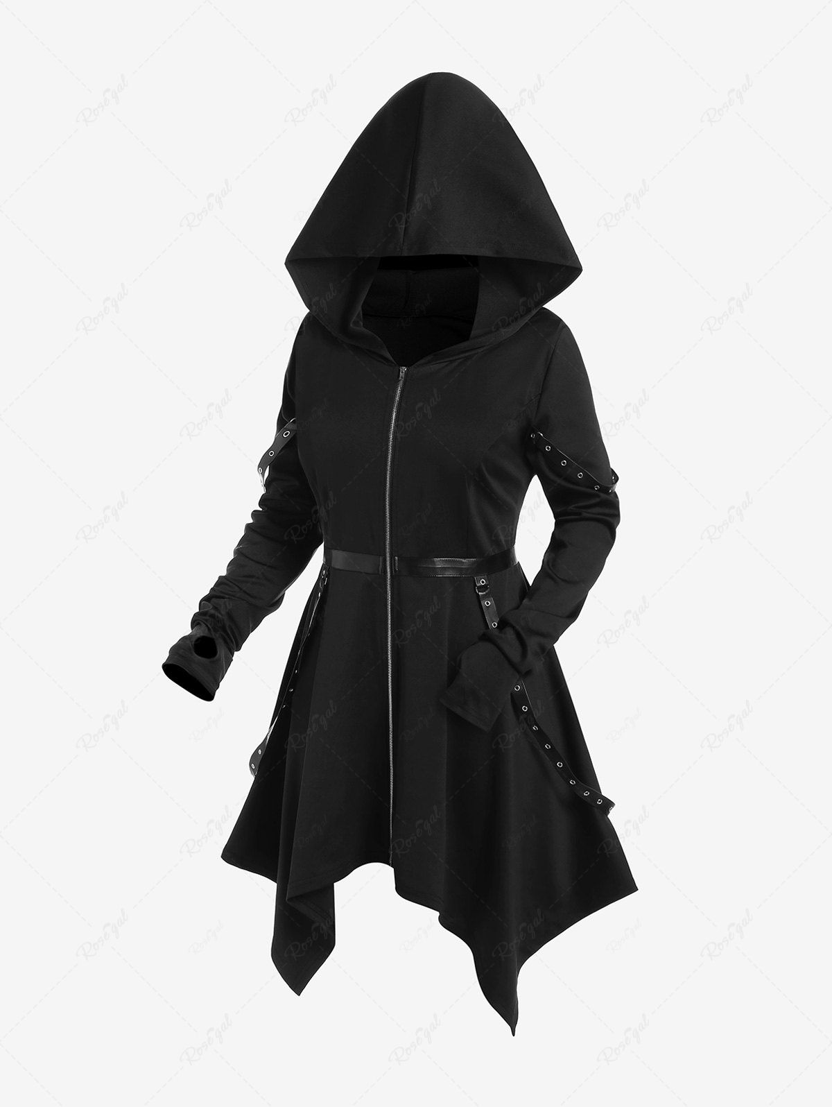 Online Gothic Hooded Grommets Straps Full Zipper Handkerchief Coat  