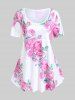 Plus Size 3D Rose Leaves Print Short Sleeve T-Shirt -  