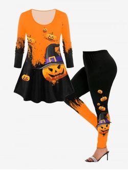 Halloween Pumpkin Print Colorblock T-shirt and Halloween Pumpkin Skinny Leggings Outfit - ORANGE