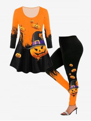 Halloween Pumpkin Print Colorblock T-shirt and Halloween Pumpkin Skinny Leggings Outfit