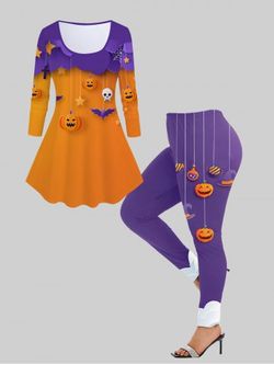 Ensemble de T-shirt D'Halloween Citrouille et Chauve-souris Imprimés et Legging de Grande Taille - ORANGE