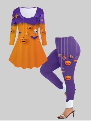 Ensemble de T-shirt D'Halloween Citrouille et Chauve-souris Imprimés et Legging de Grande Taille