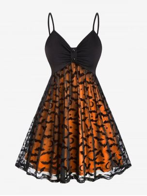 Plus Size Bats Pattern Lace Overlay Knot Halloween Fit and Flare Dress