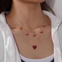 Cherry Heart Double Layer Pendant Necklace - MULTI
