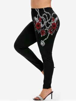 Plus Size Crown Chains Rose Printed Skinny Leggings - BLACK - 4X | US 26-28