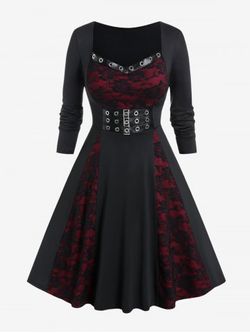 Gothic Lace Panel Grommets Buckled Fit and Flare Dress - BLACK - M | US 10