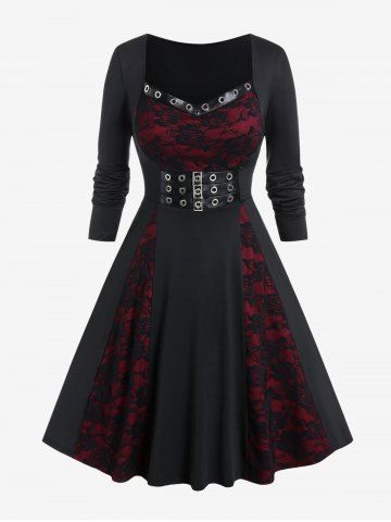 Gothic Lace Panel Grommets Buckled Fit and Flare Dress - BLACK - 2X | US 18-20