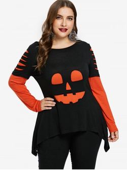 Colorblock Ripped Asymmetric Halloween T-shirt - ORANGE - 1X | US 14-16