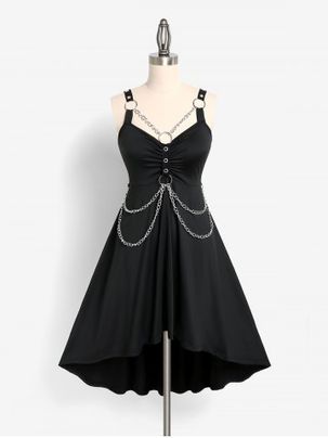 Gothic Chains O Ring Ruched High Low Dress