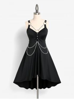 Gothic Chains O Ring Ruched High Low Dress - BLACK - 1X | US 14-16