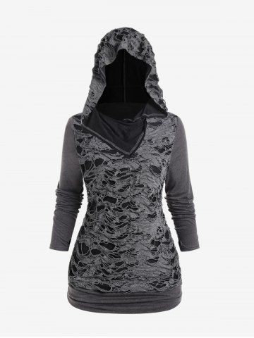Plus Size Ripped Design Ruched Pullover Hoodie - DARK GRAY - M | US 10