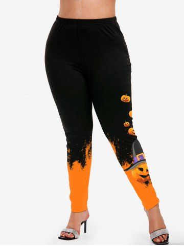 Halloween Pumpkin Print Colorblock T-shirt and Halloween Pumpkin Skinny Leggings Outfit