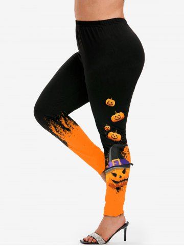 Halloween Pumpkin Print Colorblock T-shirt and Halloween Pumpkin Skinny Leggings Outfit