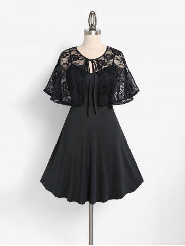 Plus Size Solid A Line Cocktail Dress and Tie Lace Capelet Party Set - BLACK - 5X | US 30-32