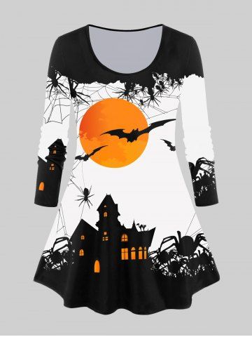 T-shirt D'Halloween à Imprimé Chauve-souris Toile D'Araignée et Lune à Manches Longues