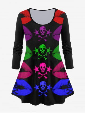 Gothic Long Sleeve Colorful Skull Lip Print T-shirt - BLACK - 5X | US 30-32